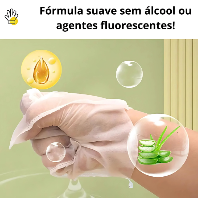 luva umedecida sem álcool e hipoalergênica