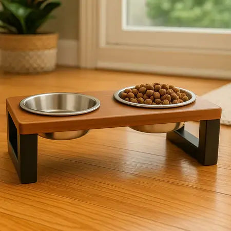 Comedouro Duplo em Madeira Maciça – Tigelas Inox ou Plásticas com Tampa Hermética – ForPatas™ - Imagem 2