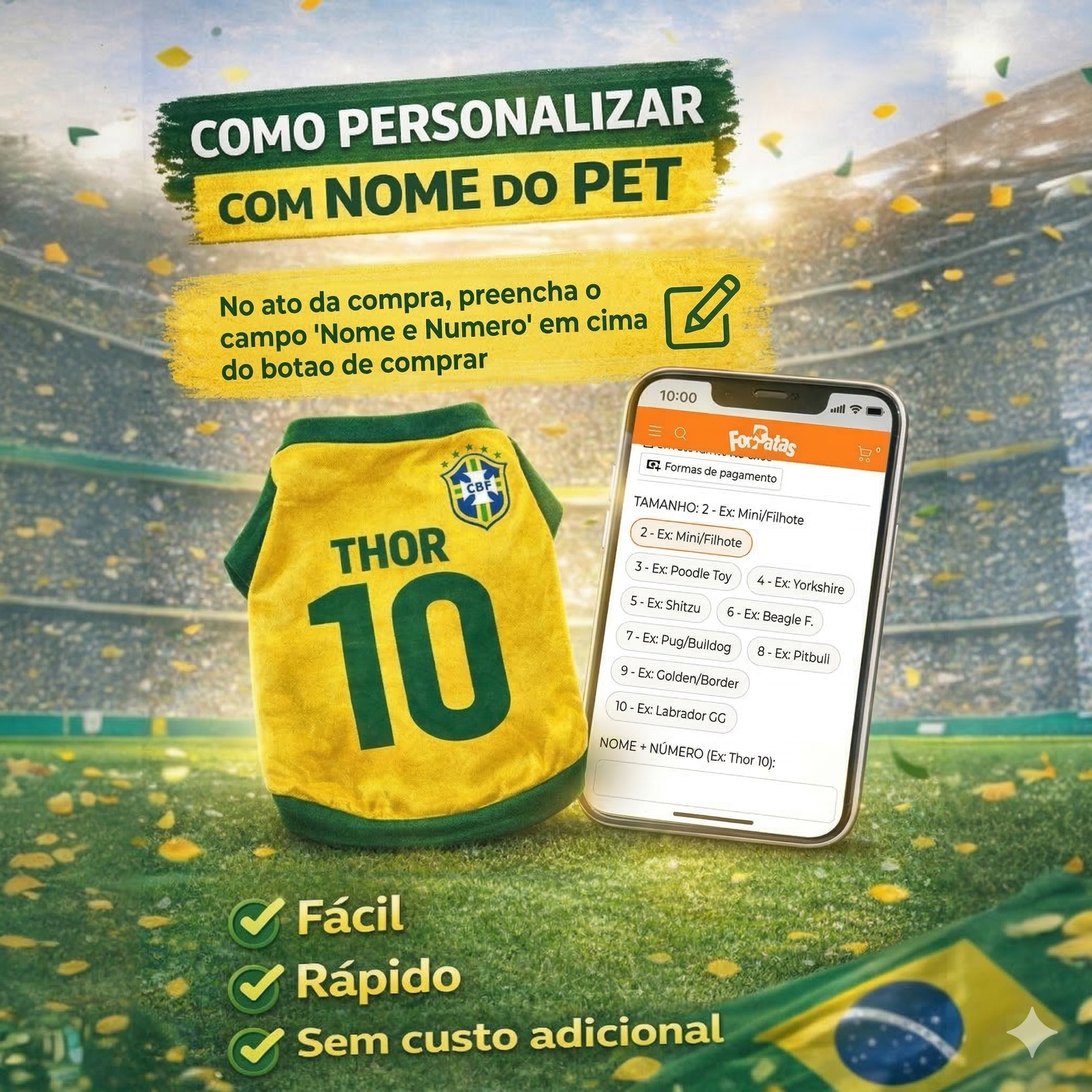 Roupinha Personalizada Copa do Mundo Brasil com Nome e Número para Cachorro e Gato Tecido Respirável ForPatas™ - Imagem 4