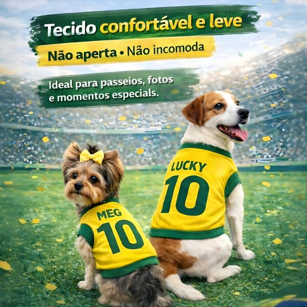 Roupinha Personalizada Copa do Mundo Brasil com Nome e Número para Cachorro e Gato Tecido Respirável ForPatas™ - Imagem 3