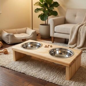 Comedouro Elevado Duplo com Potes Inox e Base em Pinus para Cachorro e Gato WoodBowl™