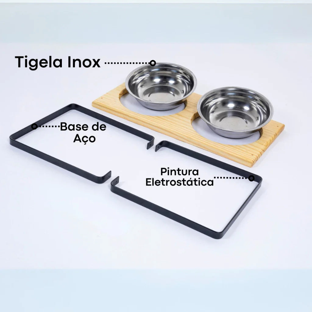 Suporte Duplo Elevado com Potes Inox para Cachorro e Gato – Base em Madeira Envernizada e Pés de Aço - Imagem 3