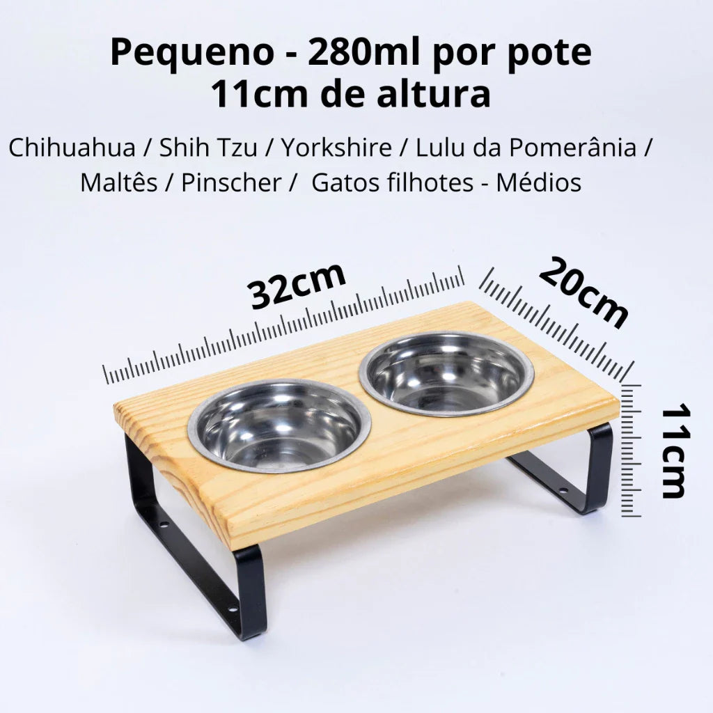 Suporte Duplo Elevado com Potes Inox para Cachorro e Gato – Base em Madeira Envernizada e Pés de Aço - Imagem 6
