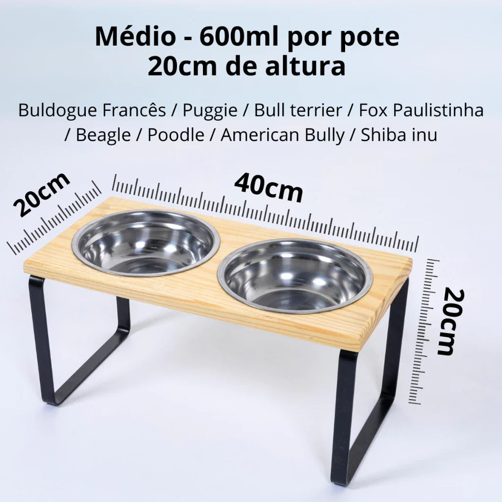 Suporte Duplo Elevado com Potes Inox para Cachorro e Gato – Base em Madeira Envernizada e Pés de Aço - Imagem 7