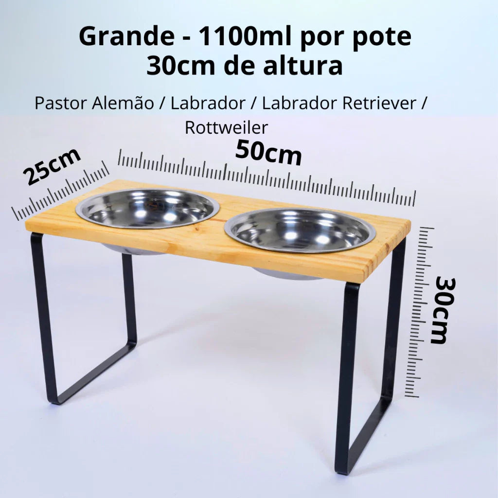 Suporte Duplo Elevado com Potes Inox para Cachorro e Gato – Base em Madeira Envernizada e Pés de Aço - Imagem 8