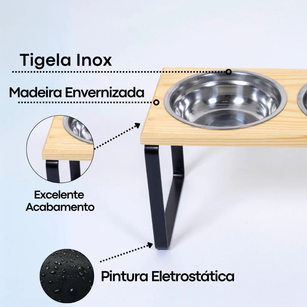 Suporte Duplo Elevado com Potes Inox para Cachorro e Gato – Base em Madeira Envernizada e Pés de Aço - Imagem 2