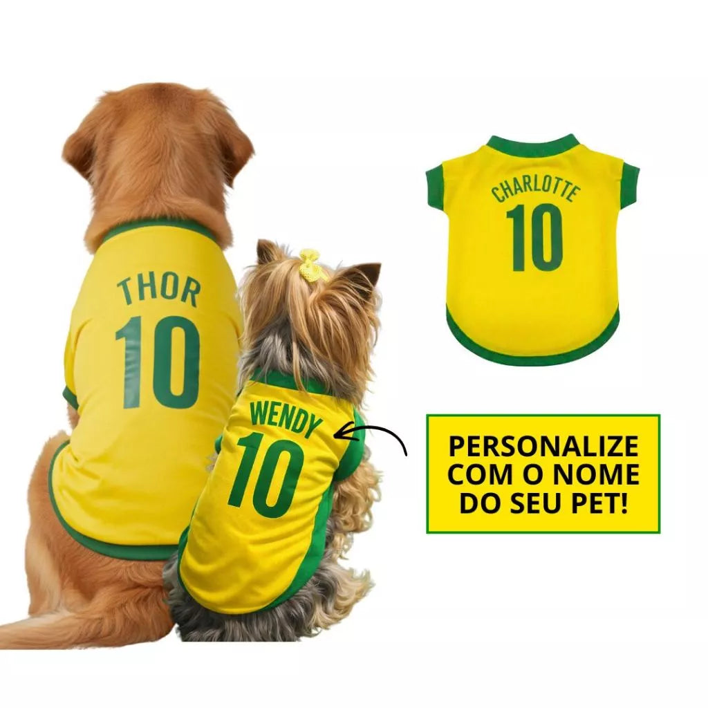 Roupinha Personalizada Copa do Mundo Brasil com Nome e Número para Cachorro e Gato Tecido Respirável ForPatas™ - Imagem 6